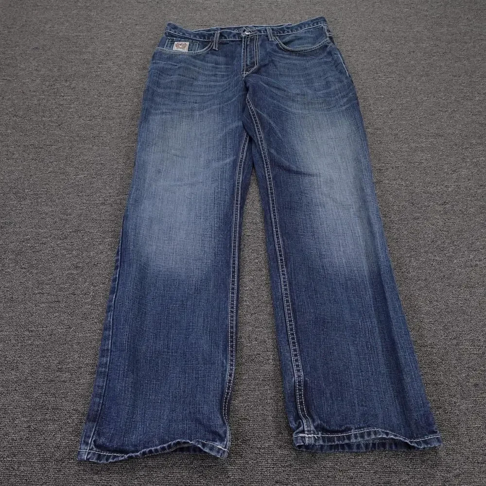 Cinch Jeans Mens 35x32 Blue Medium Wash Relaxed Bootcut Distressed Denim MB92834